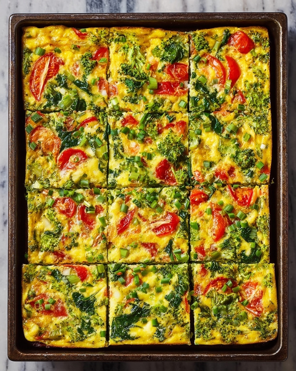 A rectangular baking tray filled with a baked vegetable egg dish cut into nine square pieces. The dish has a yellow egg base mixed evenly with green broccoli florets, chopped dark green spinach, light green chopped scallions, and bright red tomato slices spread throughout. The texture is slightly fluffy and firm, with visible small vegetable pieces on the surface. The tray sits on a white marbled surface. photo taken with an iphone --ar 4:5 --v 7