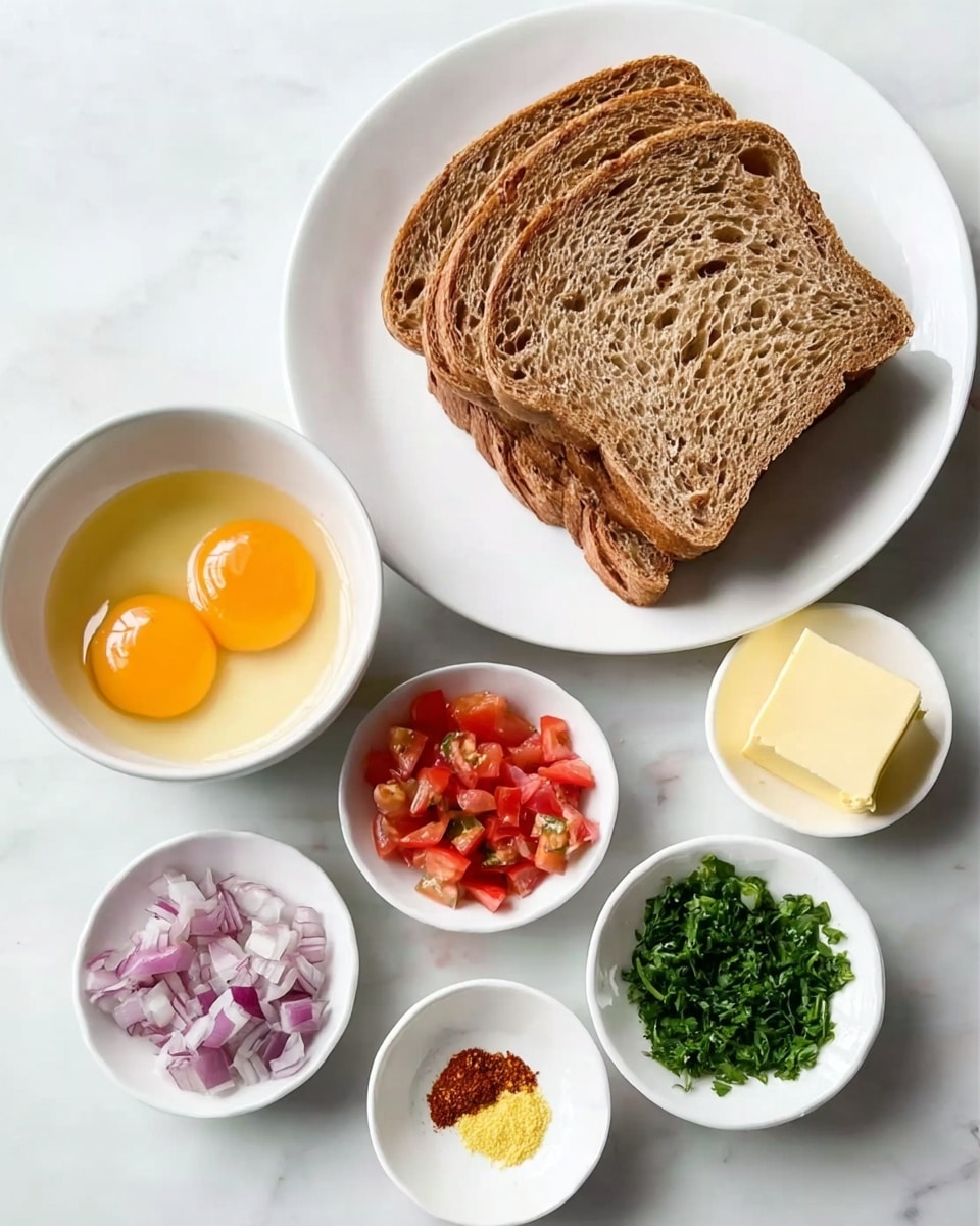 The image shows a white plate with three slices of brown bread stacked on top of each other, placed on a white marbled surface. Next to it is a white bowl containing two raw eggs with bright yellow yolks and clear egg whites. Around the bowl are five small white dishes: one with chopped red tomatoes, pale purple onions, and light yellow ginger, another with a mix of red chili powder and salt, one with a square piece of creamy yellow butter, and lastly, a dish with finely chopped green herbs. Photo taken with an iphone --ar 4:5 --v 7