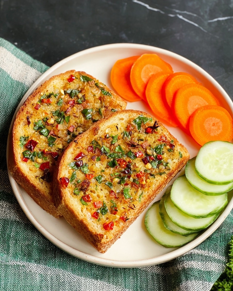 Two slices of bread are topped with a cooked mixture of chopped green herbs, red pieces, and small bits of cooked onion, with a golden-brown crispy texture around the edges. Next to the bread slices, there is a row of thin, round orange carrot slices alternating with pale green cucumber slices, arranged neatly on the right side of a white plate. The plate sits on a white marbled surface with a green and white striped cloth nearby. photo taken with an iphone --ar 4:5 --v 7