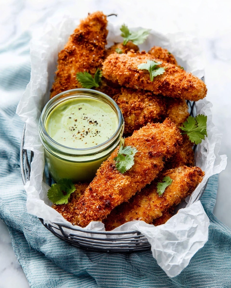 A metal basket lined with crinkled white parchment paper holds several golden brown, crispy fried chicken strips with a crunchy texture. Among the chicken strips, there are small sprigs of fresh green cilantro adding a pop of color. In the center of the basket sits a small glass jar filled with a smooth, light green dipping sauce topped with a few specks of ground black pepper. The basket is placed on a soft, light blue striped cloth against a white marbled surface. photo taken with an iphone --ar 4:5 --v 7