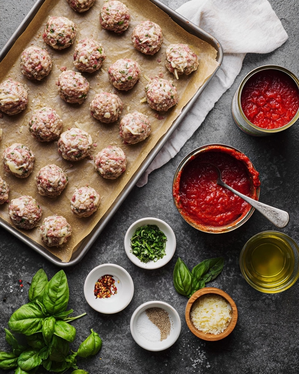 The image shows a baking tray lined with parchment paper filled with round, uncooked meatballs that have a mix of raw meat and visible bits of grated cheese inside. To the right of the tray, there are two open cans of crushed red tomatoes, one with a spoon inside. Below the tray, there are several small white bowls placed on a dark gray surface: one with chopped green herbs, one with a mix of salt, black pepper, and red chili flakes, another with finely chopped garlic, and a wooden bowl with salt. Fresh green basil leaves and a glass container of a clear light yellow liquid, likely oil, are also placed near the bowls. The whole setup is on a dark gray textured surface, but the background is adjusted to a white marbled texture. photo taken with an iphone --ar 4:5 --v 7