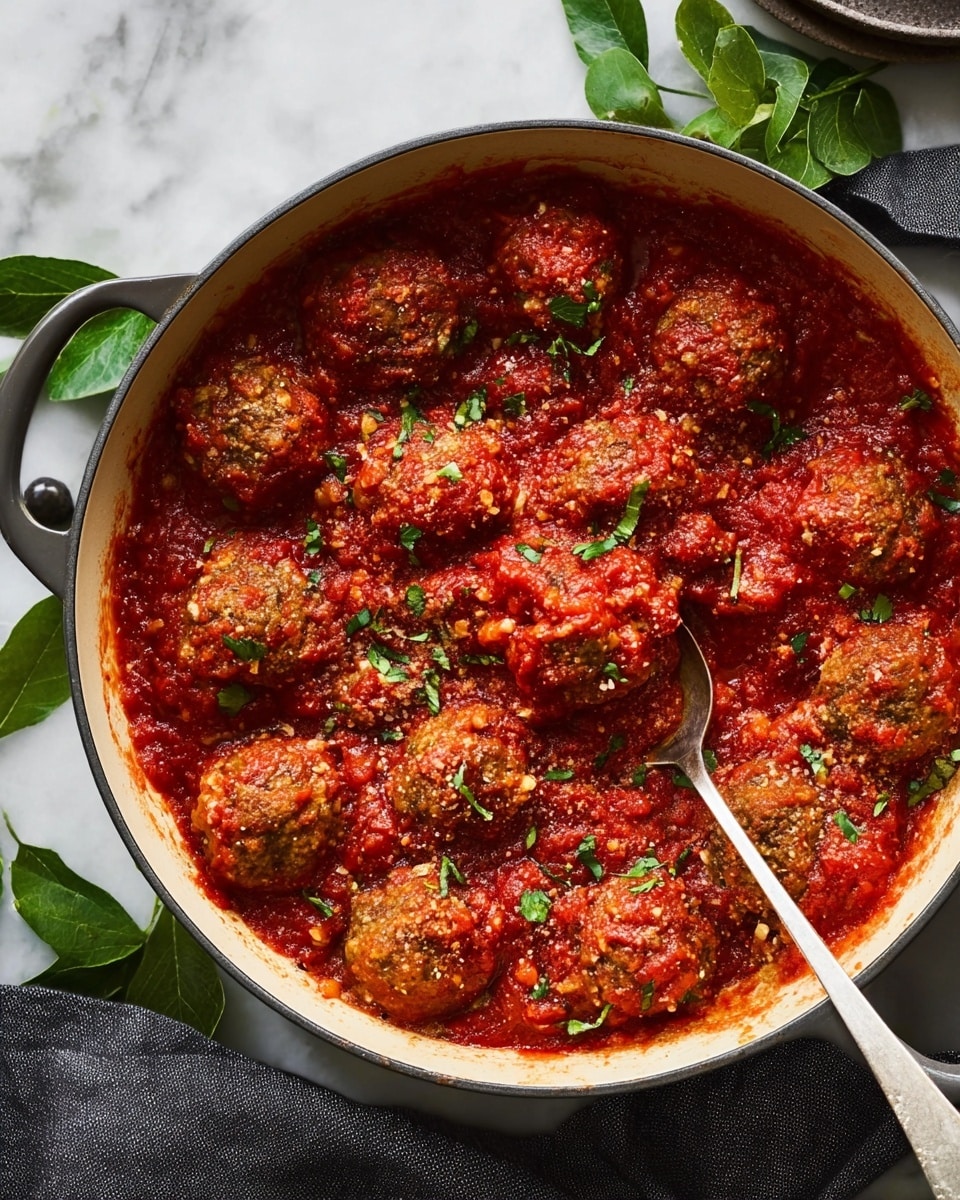 A white round pot filled with about 20 round meatballs covered evenly in a thick red tomato sauce with visible small bits of garlic and herbs. The meatballs are brownish with a slightly rough, cooked texture, peeking through the sauce in many places. Small green chopped herbs are sprinkled to add color contrast throughout the dish. A silver spoon is partially under one meatball on the right side of the pot. The pot is set on a white marbled surface with a dark cloth nearby and some green leaves at the edges. photo taken with an iphone --ar 4:5 --v 7