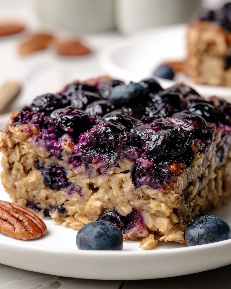 A square slice of baked oatmeal sits on a white plate on a white marbled surface. The dish has two visible layers: the base layer is golden with a soft, textured look filled with many oats and small purple spots indicating blueberries inside. The top layer is thickly covered with whole, dark blue to black blueberries that are slightly wrinkled from baking, sitting close together and slightly shiny. The edges of the slice are well baked and golden brown, showing a firm but moist texture inside. In the blurry background, there are a few pecans and a blurred second piece on a white plate. photo taken with an iphone --ar 4:5 --v 7