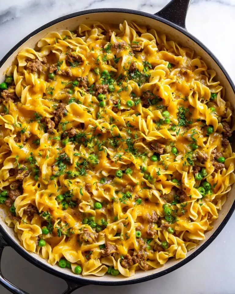 Ground Beef Stroganoff with Cheddar and Peas Recipe