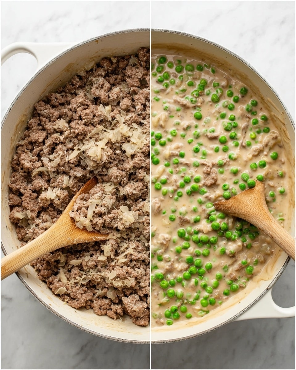 The image shows two white cooking pots side by side on a white marbled surface. The left pot contains browned ground meat mixed with small pieces of soft white onion, stirred by a wooden spoon, and has a dry, crumbly texture. The right pot shows a creamy dish with the same ground meat mixed with bright green peas in a thick beige sauce, again stirred by a wooden spoon. The sauce looks smooth and rich, contrasting with the green peas and bits of meat. Photo taken with an iphone --ar 4:5 --v 7