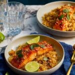Maple Aleppo Glazed Salmon with Crispy Sheet Pan Rice Recipe