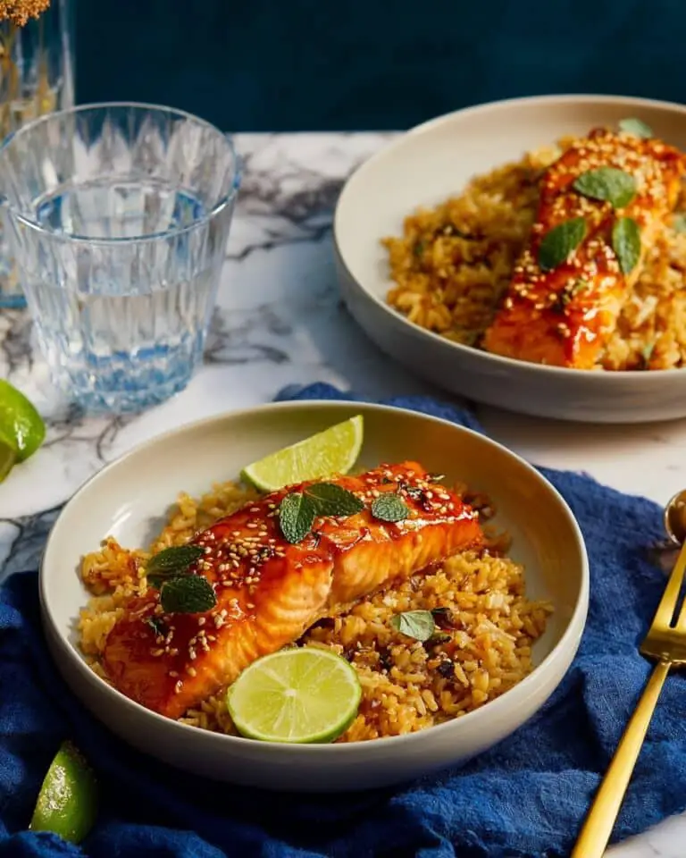 Maple Aleppo Glazed Salmon with Crispy Sheet Pan Rice Recipe