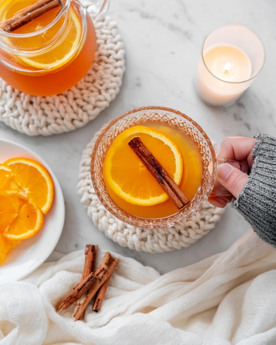 A clear, textured glass cup filled with bright orange tea, topped with a large orange slice and two cinnamon sticks crossing each other on the surface. A woman's hand in a gray sleeve gently holds the cup on the right side. Above, a glass jug with similar tea, orange slices, and cinnamon sticks sits on a chunky white knitted coaster. To the lower left, three fresh orange slices rest in a white plate, next to two cinnamon sticks on a white marbled surface. A white candle glows softly in the top right corner, and a crumpled white cloth lies beneath the cup, adding softness to the scene. photo taken with an iphone --ar 4:5 --v 7