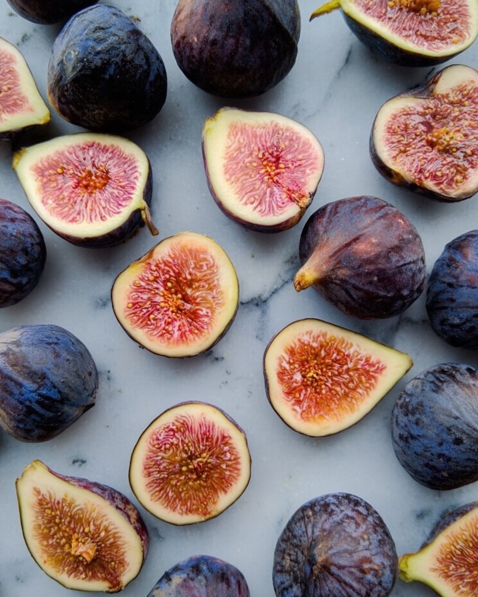 The image shows many whole and sliced figs spread out randomly on a white marbled surface. The figs have a deep purple-blue skin with a slight shine. The sliced figs reveal a soft, fibrous inside with a mixture of warm colors, mostly light pink, red, and orange with visible seeds. The contrast between the dark outer skin and the bright inner flesh is clear, and the figs are placed in a casual, natural way across the surface. photo taken with an iphone --ar 4:5 --v 7