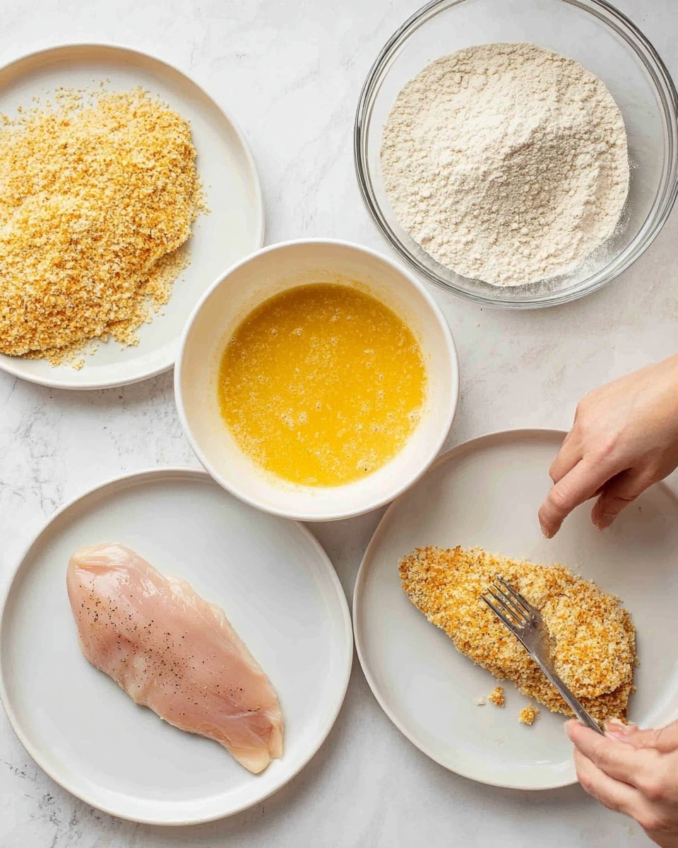 The image shows a cooking setup with five white plates and bowls on a white marbled surface. On the bottom left plate, there is a raw, light pink chicken fillet sprinkled with some black pepper. Above it, a white bowl contains a wet yellow egg mixture with a slightly grainy texture. To the right of this bowl, there is another white plate with flour, smooth and white, ready for dredging. On the top right side, a larger clear bowl holds light beige seasoned breadcrumbs. A piece of chicken, dipped in the egg mixture, is being coated with the breadcrumbs using a fork held in a woman's hand. The top left corner plate has a chicken fillet fully coated with breadcrumbs, showing a rough, grainy texture in a pale golden color. The whole setup is clean and evenly lit. Photo taken with an iphone --ar 4:5 --v 7