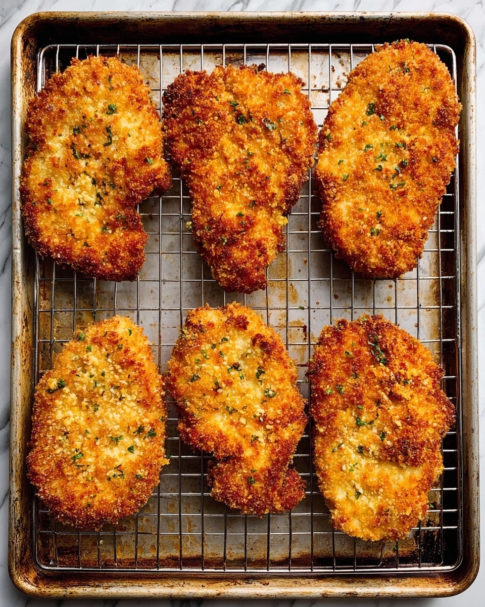 The image shows six pieces of golden brown fried food arranged in two rows of three on a metal wire rack inside a baking tray. Each piece has a rough, crunchy texture with visible small green herbs mixed in the coating. The fried pieces vary slightly in shape but are roughly oval or irregular and they have a crispy, uneven surface. The background is a white marbled texture visible through the wire rack, and the baking tray shows some dark marks and signs of use. photo taken with an iphone --ar 4:5 --v 7