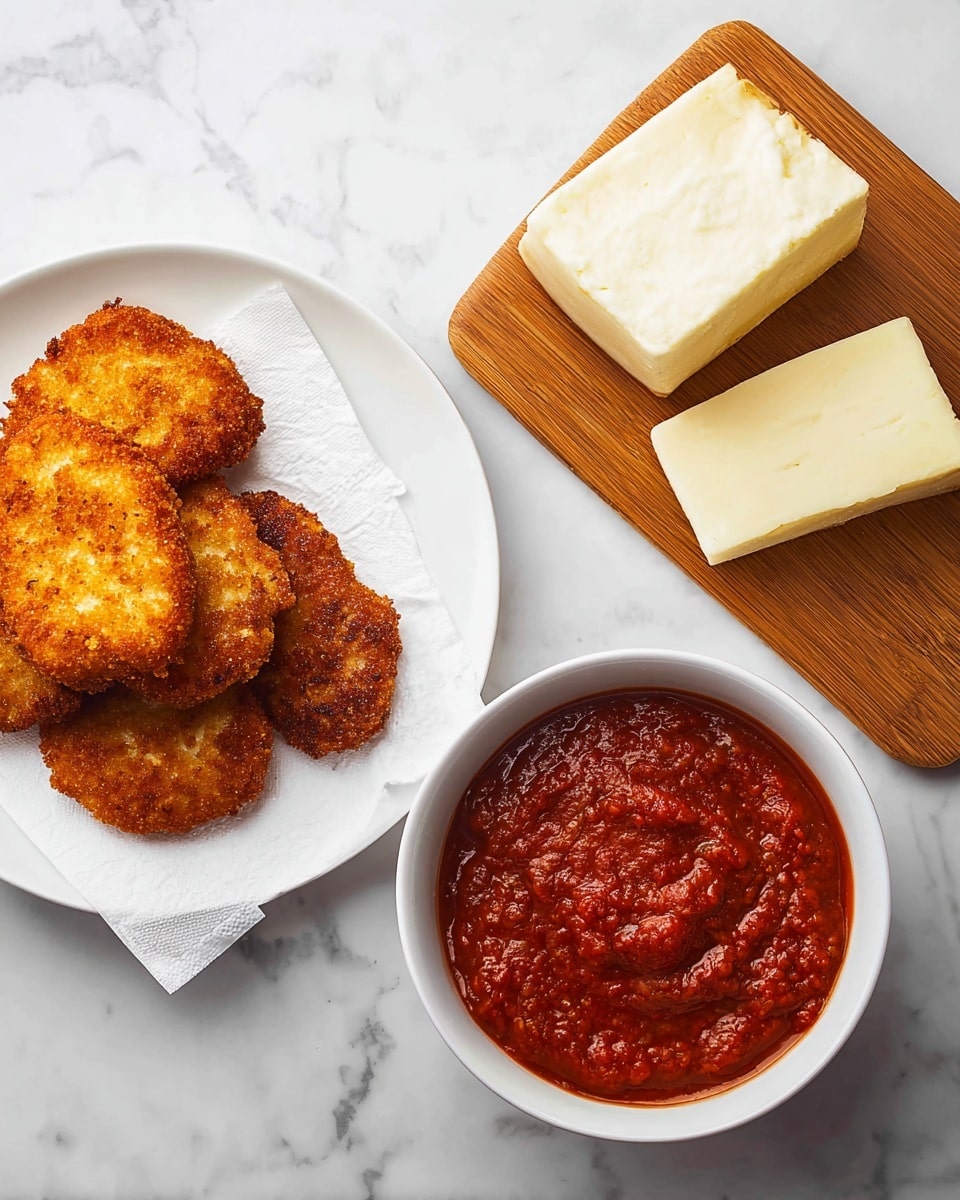 A top view of a setup on a white marbled surface with three golden-brown crispy fried cutlets stacked on a white napkin on a white plate to the left. To the right, a white bowl filled with thick, red tomato sauce showing a slightly chunky texture. Above the bowl, a wooden board holds two blocks of cheese: a smooth white block and a roughly cut pale yellow block, both resting next to each other. photo taken with an iphone --ar 4:5 --v 7