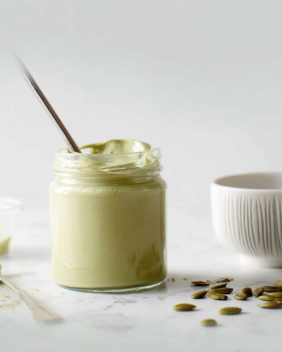 A small clear glass jar filled to the top with a smooth, pale green thick cream that slightly overflows the rim, showing a soft and creamy texture. A metal straw is placed inside the jar, standing upright and slightly tilted, adding a shiny silver contrast. A few scattered pumpkin seeds lie on the white marbled surface near the jar. To the right, there is a white bowl with vertical carved patterns visible in soft focus. The background is clean and white, giving a fresh and bright look. photo taken with an iphone --ar 4:5 --v 7