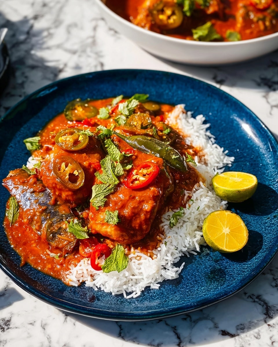 The dish shows a deep blue plate filled with a bed of white rice as the base layer. On top, there are pieces of fish covered in a thick, rich red-orange sauce with visible chunks and herbs like green leaves scattered around. There are whole red and green chili slices placed on the fish and rice. On the right side of the plate, two halves of small yellow-green citrus fruits add a fresh contrast. The plate sits on a white marbled surface with part of a white bowl filled with more fish and sauce visible in the background. The photo has natural light and a clear focus on the dish, photo taken with an iphone --ar 4:5 --v 7