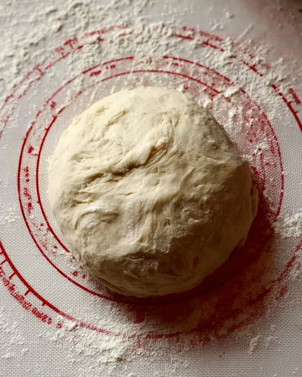 A round ball of dough with a smooth, pale surface sits centered on a white marbled textured mat dusted lightly with flour, featuring measurement markings in dark red circles around it. The dough looks soft and slightly stretched with small folds and gentle creases on top, giving it a handmade, fresh look. Photo taken with an iphone --ar 4:5 --v 7