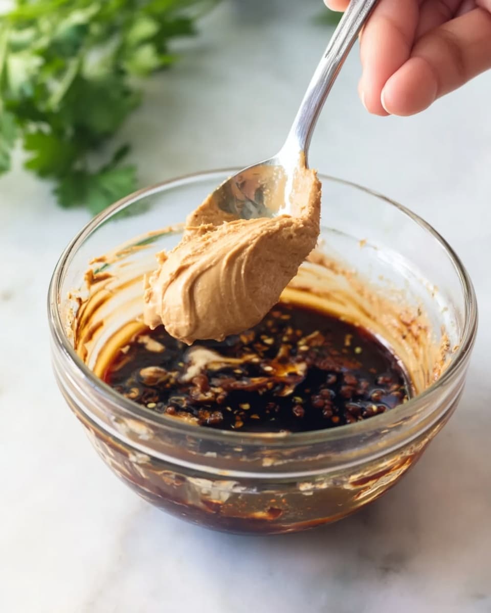 A clear glass bowl sits on a white marbled surface, filled with two main layers of sauce. The bottom layer is dark brown with a slightly shiny texture and small bits floating in it, while the top layer is a thick, creamy, light brown paste. A woman's hand holds a silver spoon, scooping the light brown paste from the middle of the bowl, lifting it slightly above the dark sauce beneath. The background is softly blurred with green herbs barely visible. Photo taken with an iphone --ar 4:5 --v 7