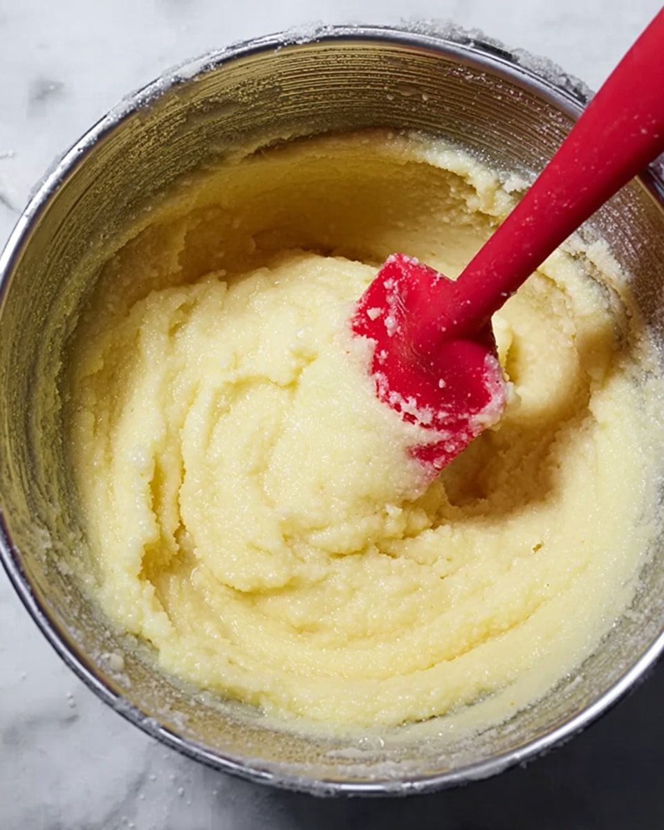 A close-up view of a metal bowl containing soft, creamy, pale yellow mashed mixture with a slightly grainy texture. A red silicone spatula is stirring the mash, its edge blending into the mix. The bowl edge is visible with some residue on the side. The whole scene is set on a white marbled surface. Photo taken with an iphone --ar 4:5 --v 7
