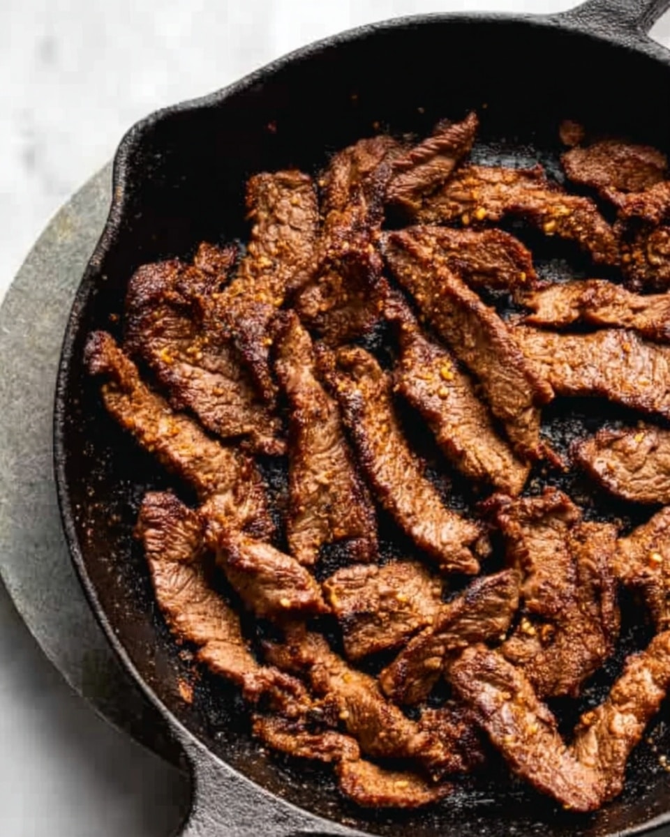 A black cast iron pan filled with many pieces of cooked meat strips that have a dark brown, slightly crispy texture and some seasoning visible on them. The pan is placed on a white marbled surface, with a neutral gray round object partially seen in the background near the pan. Photo taken with an iphone --ar 4:5 --v 7