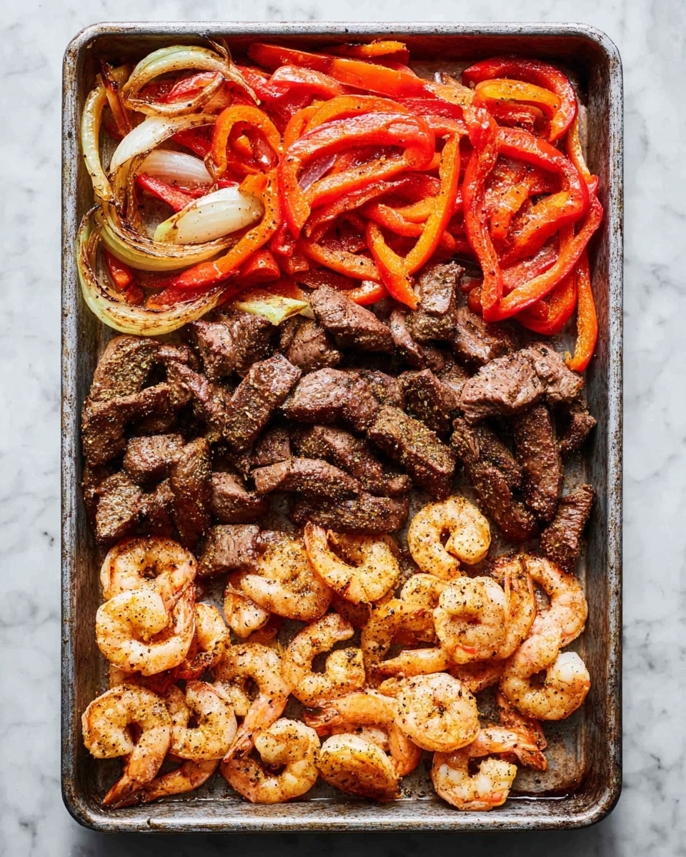 A metal baking tray filled with three distinct layers: on top, bright red and orange grilled pepper strips mixed with translucent, slightly charred onion slices; in the middle, dark brown, seasoned beef pieces cooked with a textured surface; on the bottom, light golden-orange cooked shrimp with tails on, scattered closely together with a sprinkle of black pepper seasoning; the tray rests on a white marbled surface. photo taken with an iphone --ar 4:5 --v 7