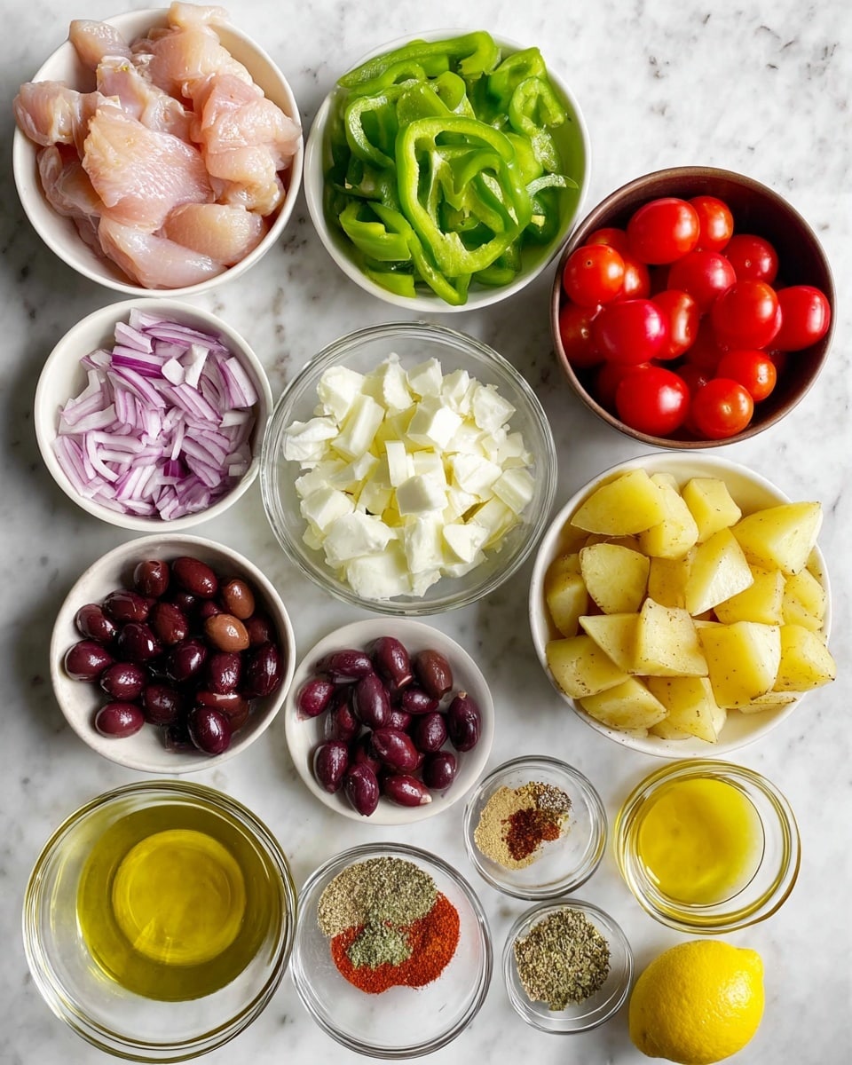 The image shows several small white bowls and dishes arranged on a white marbled surface, each containing different fresh ingredients. One bowl holds raw, pale pink pieces of chicken on the bottom left, while next to it on the right is a dish with quartered light yellow potatoes. Above, a larger white bowl is filled with bright green sliced bell peppers, and a glass bowl beside it has crumbled white cheese. Cherry red tomatoes fill a brown bowl on the middle left, with thinly sliced purple and white onions in a glass bowl next to it. In the center, a small glass bowl contains dark purple olives. Nearby, another white dish is divided into sections containing four different dried spices in varied colors: light beige, green, and red flakes. Small glass bowls hold golden olive oil, amber honey, and mixed ground salt and pepper. A bright yellow lemon is placed near the middle. All ingredients are fresh and vibrant. Photo taken with an iphone --ar 4:5 --v 7