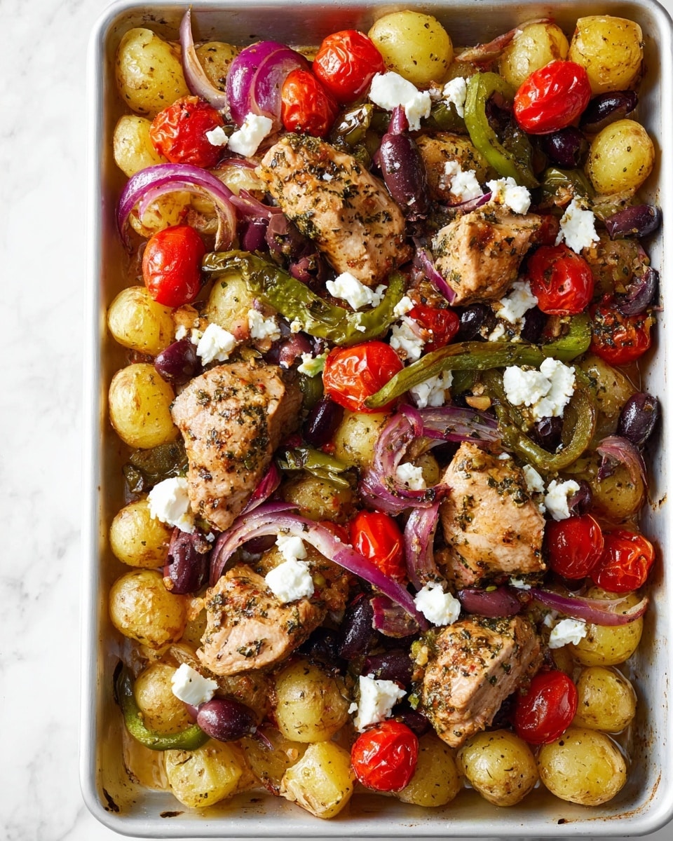 The image shows a white tray filled with a colorful mix of food. At the bottom, there are many small, golden-brown potato pieces with a soft texture. On top of the potatoes, there are several light brown seasoned meat pieces, speckled with herbs and spices. Around the meat and potatoes, bright red cherry tomatoes are scattered, adding a shiny, smooth contrast. There are also charred green pepper slices and thin strips of purple onion mixed in, alongside dark purple olives. White crumbles of soft cheese are sprinkled generously over everything. The tray sits on a white marbled surface. Photo taken with an iphone --ar 4:5 --v 7
