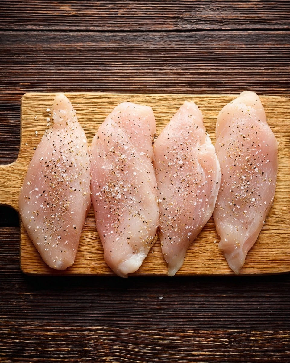 Four thin raw chicken fillets lie flat side by side on a light wooden cutting board. Each fillet is pale pink with a slightly shiny texture, sprinkled evenly with coarse white salt and fine black pepper. The cutting board is placed on a dark brown wooden surface with visible wood grain. The photo taken with an iphone --ar 4:5 --v 7