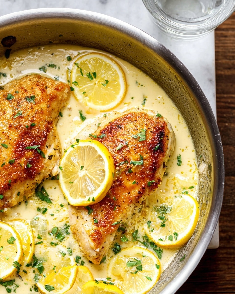 The image shows a close-up of two golden brown cooked chicken pieces in a silver pan filled with creamy light yellow sauce. There are several thin lemon slices placed on top and around the chicken, adding bright yellow and white rings. Small green herb pieces are scattered over the chicken and sauce for extra color and texture. The pan sits on a white marbled surface, and a clear glass of water is visible in the upper right corner. The photo taken with an iphone --ar 4:5 --v 7