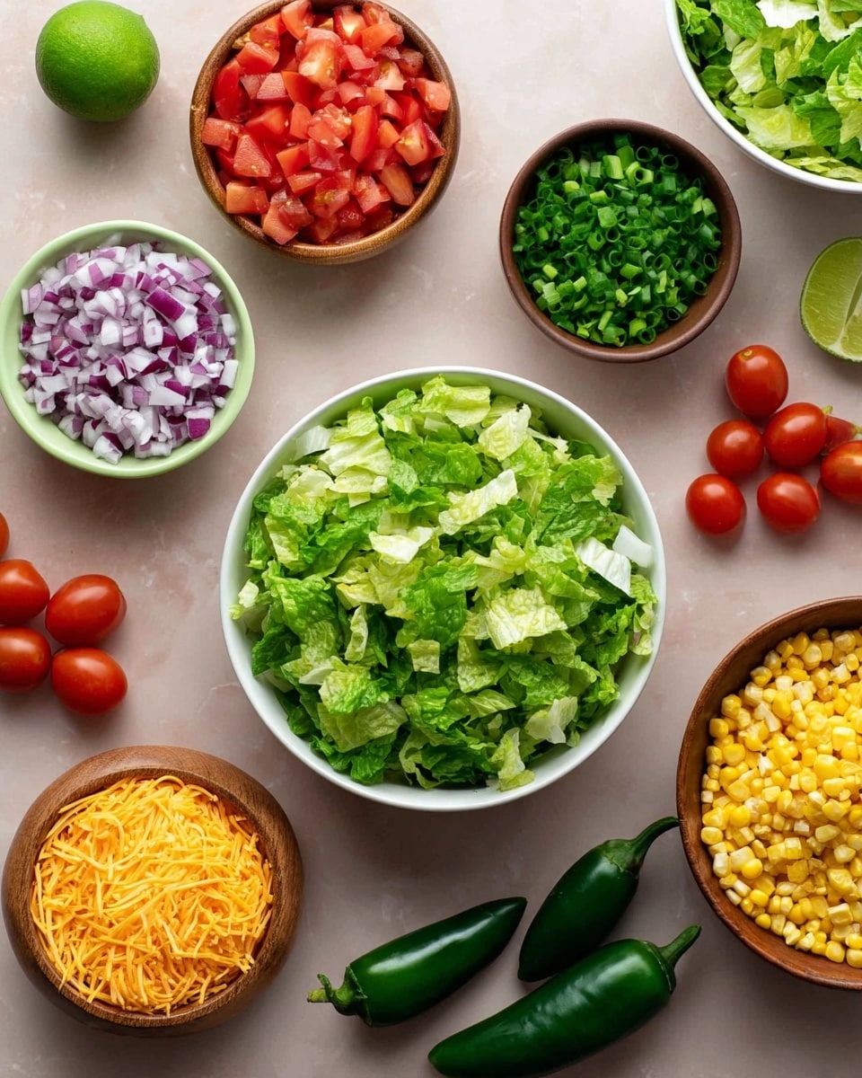 Two white bowls filled with chopped green lettuce sit side by side on a white marbled surface. Around the bowls, there are six small dishes and fresh vegetables arranged in a circle. On the top left is a wooden bowl with bright red chopped tomatoes, below it a pale green bowl holds diced purple onions. Next to that is a small wooden bowl with chopped green onions. On the bottom right, a wooden bowl holds yellow corn kernels, and next to it are two whole dark green jalapeño peppers. Between the bowls are bright red cherry tomatoes on the vine and a whole green lime. A wooden bowl with shredded light orange cheese is on the bottom left. The colors are fresh and vibrant, and everything is neatly placed. Photo taken with an iphone --ar 4:5 --v 7