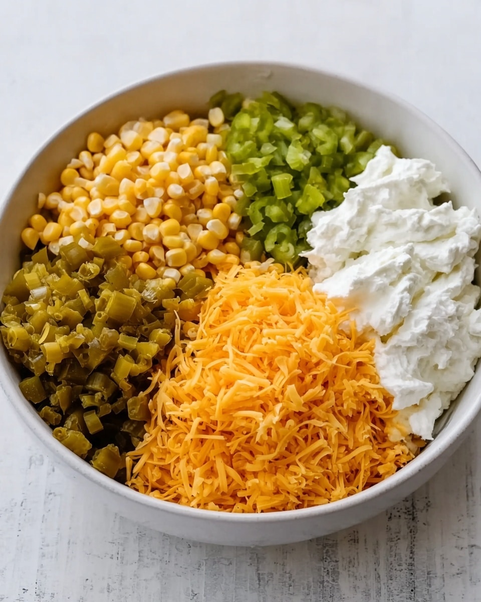A white bowl on a white marbled surface filled with five different ingredients placed side by side in separate sections. Starting from the top left is golden yellow corn kernels, next to the right are finely chopped green pickles, followed by a large pile of bright orange shredded cheese. On the bottom left, there are small diced green peppers, and next to it on the right is a fluffy, white cream-like substance. The textures vary from smooth and soft to crunchy and shredded, showing a mixture ready to be combined. Photo taken with an iphone --ar 4:5 --v 7