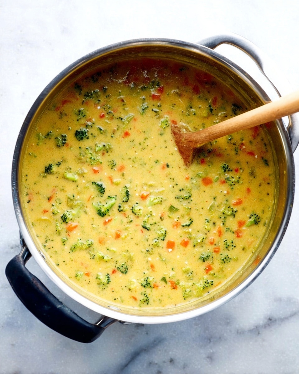 A large metal pot filled with creamy yellow soup mixed with small pieces of green broccoli and orange carrots scattered evenly throughout. A wooden spoon with a light handle is resting inside the pot, dipping into the soup, showing the thick texture with bits of vegetables. The pot handles are black, and the white marbled surface underneath adds a clean look. Photo taken with an iphone --ar 4:5 --v 7