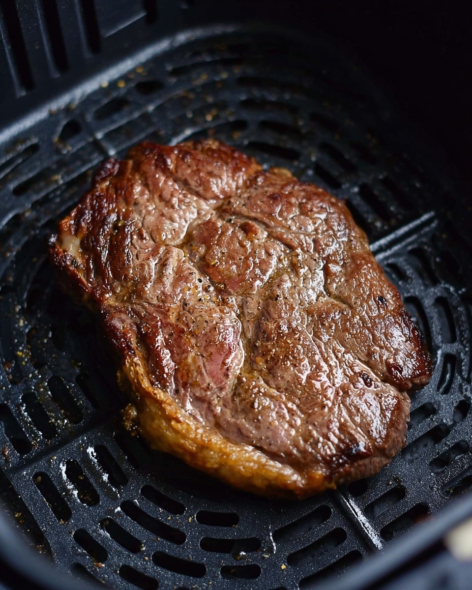 A single cooked steak sits inside a black air fryer basket with a grid pattern at the bottom. The steak shows a rich brown color with seared spots and a slight shine from the juices and oil. The edges have a bit of caramelized, golden brown fat, and the texture is uneven with visible muscle fibers. The background inside the air fryer is dark with small bits of seasoning around the steak photo taken with an iphone --ar 4:5 --v 7