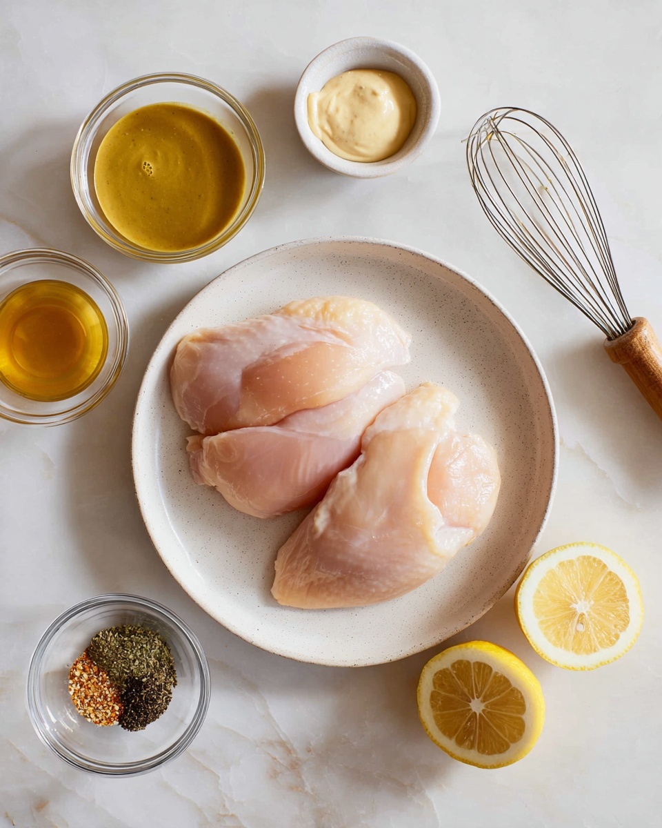 Three raw chicken pieces lie on a white plate in the center, showing smooth, pale pink texture. Around the plate are small glass bowls with different ingredients: one with thick, creamy mustard sauce at the top, two white bowls with golden liquids on the left and bottom, and a small glass bowl with mixed spices at the bottom left. Two lemon halves with bright yellow interiors sit on the top right near a metal whisk with a wooden handle. All items are arranged carefully on a white marbled surface. Photo taken with an iphone --ar 4:5 --v 7