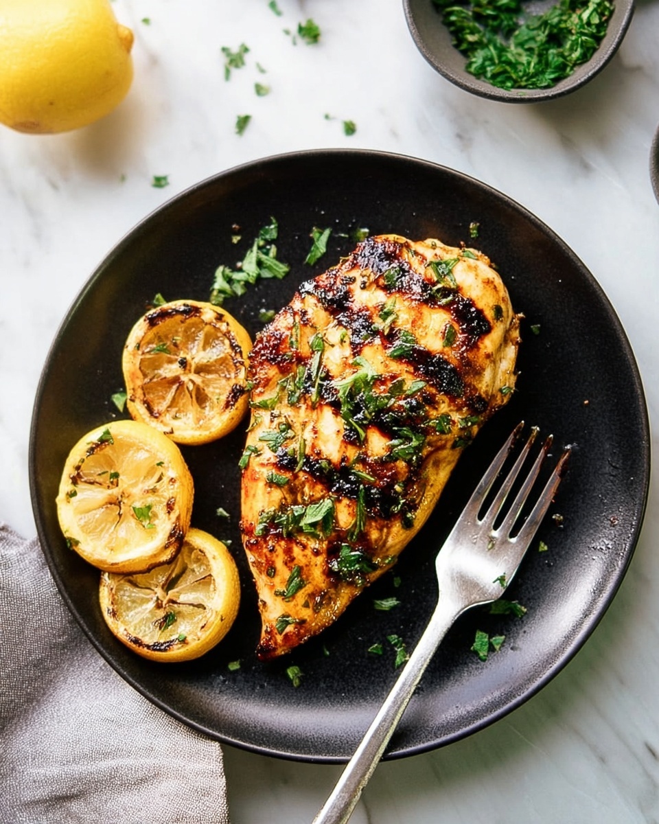 The image shows a single grilled chicken piece on a black plate, topped with specks of chopped green herbs scattered across its golden-brown, slightly charred surface. Around the chicken are three lemon slices, two grilled with slight browning and one fresh with a bright yellow peel. A silver fork rests next to the chicken on the plate, its handle pointing outward. The plate is set on a white marbled surface with a partially visible small bowl of green chopped herbs and a fresh lemon wedge nearby. Photo taken with an iphone --ar 4:5 --v 7
