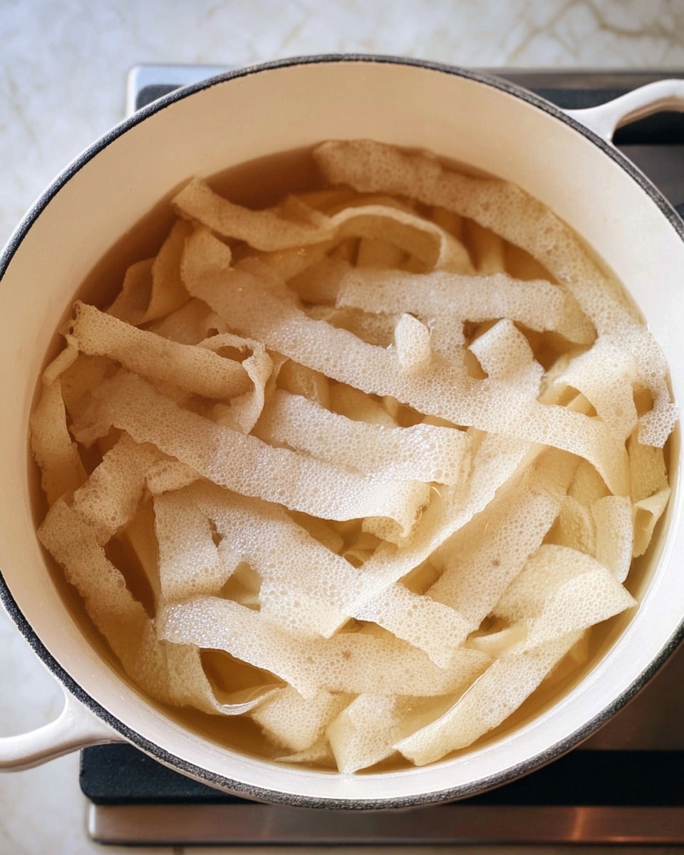 A close-up view of a white pot filled with light beige, wide, and flat strips that have a bubbly texture, floating in a clear golden liquid. The strips vary in size and have uneven edges, appearing soft and slightly wrinkled. The pot is set on a stove with a white marbled surface in the background. photo taken with an iphone --ar 4:5 --v 7