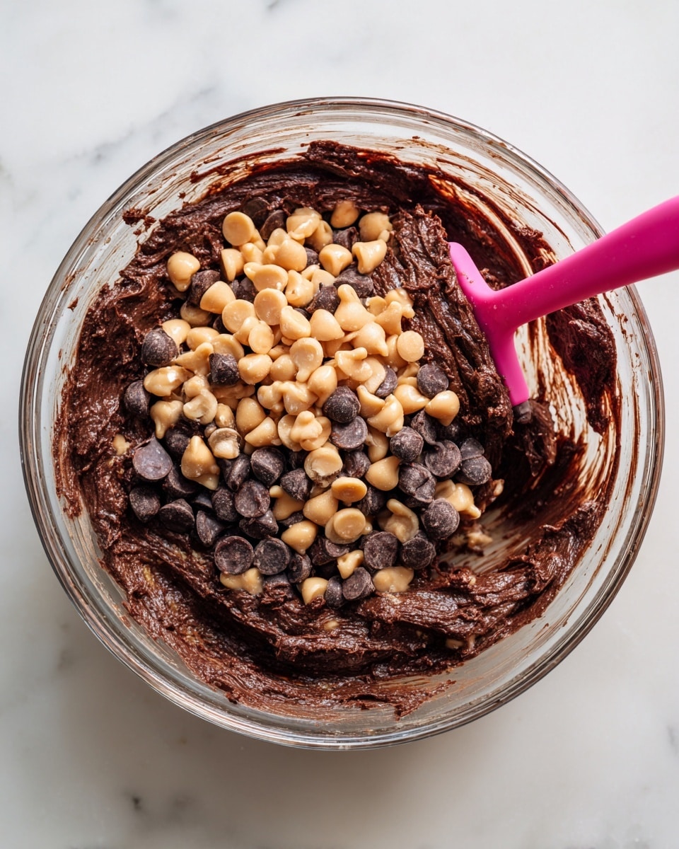 A clear glass bowl sits on a white marbled surface, filled with thick dark brown chocolate dough. On top of the dough is a large pile of light brown peanut butter chips mixed with some dark brown chocolate chips, scattered unevenly mostly in the center. A pink spatula with some chocolate dough on it rests inside the bowl on the right side, partially buried in the chips and dough. The sides of the bowl have streaks of chocolate dough showing the mixing process. Photo taken with an iphone --ar 4:5 --v 7