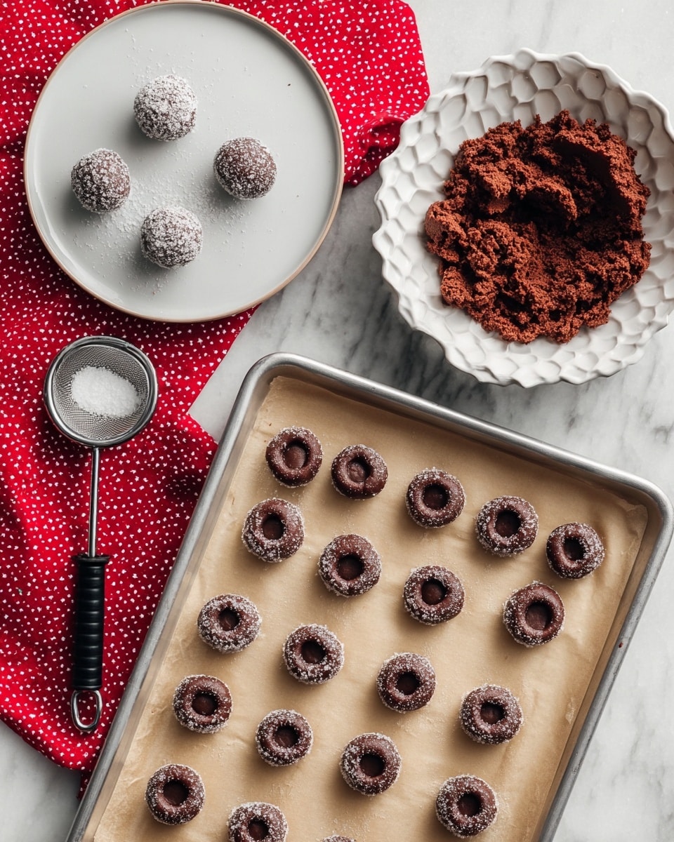 The image shows a baking sheet lined with parchment paper holding two rows of round chocolate dough balls with sugar coating and small hollow centers, arranged neatly. Above the baking sheet to the right, there is a white bowl with a hexagonal pattern filled with thick, crumbly chocolate dough. To the left, a white plate holds three chocolate balls, two coated with sugar and one plain. A small metal scoop with black handles rests on a white marbled surface beneath a red cloth with white dots in the background. The scene is bright with natural light. Photo taken with an iphone --ar 4:5 --v 7