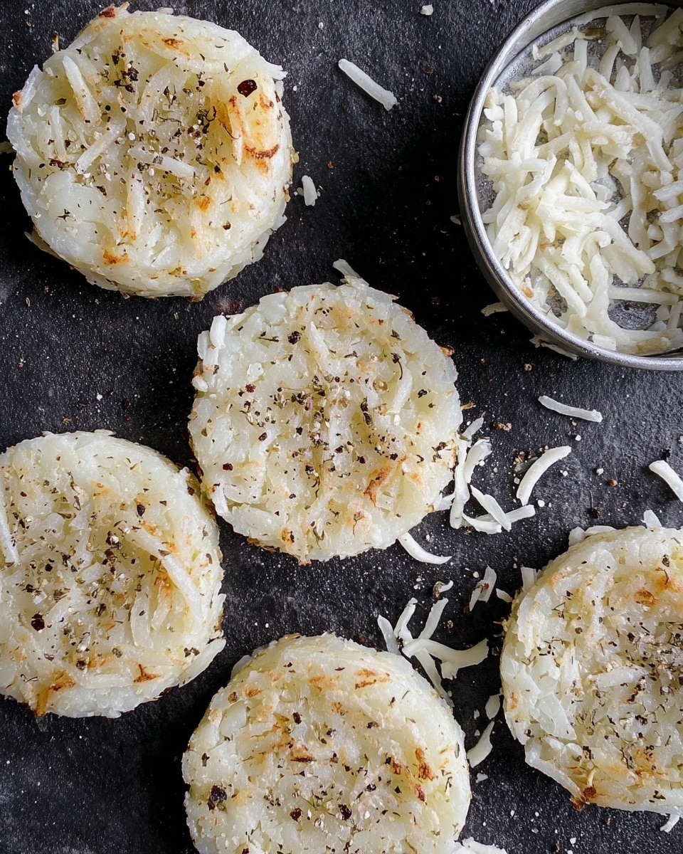 The image shows five round, white shredded potato patties, each about two layers thick, placed on a dark surface. The patties have a rough texture with visible potato strands tightly packed together. Black pepper and some salt flakes are sprinkled on top of the patties, adding small dark and white specks over the pale potato base. On the right side, a metal ring mold holds some loose shredded potato also sprinkled with pepper. The background is a white marbled texture. photo taken with an iphone --ar 4:5 --v 7
