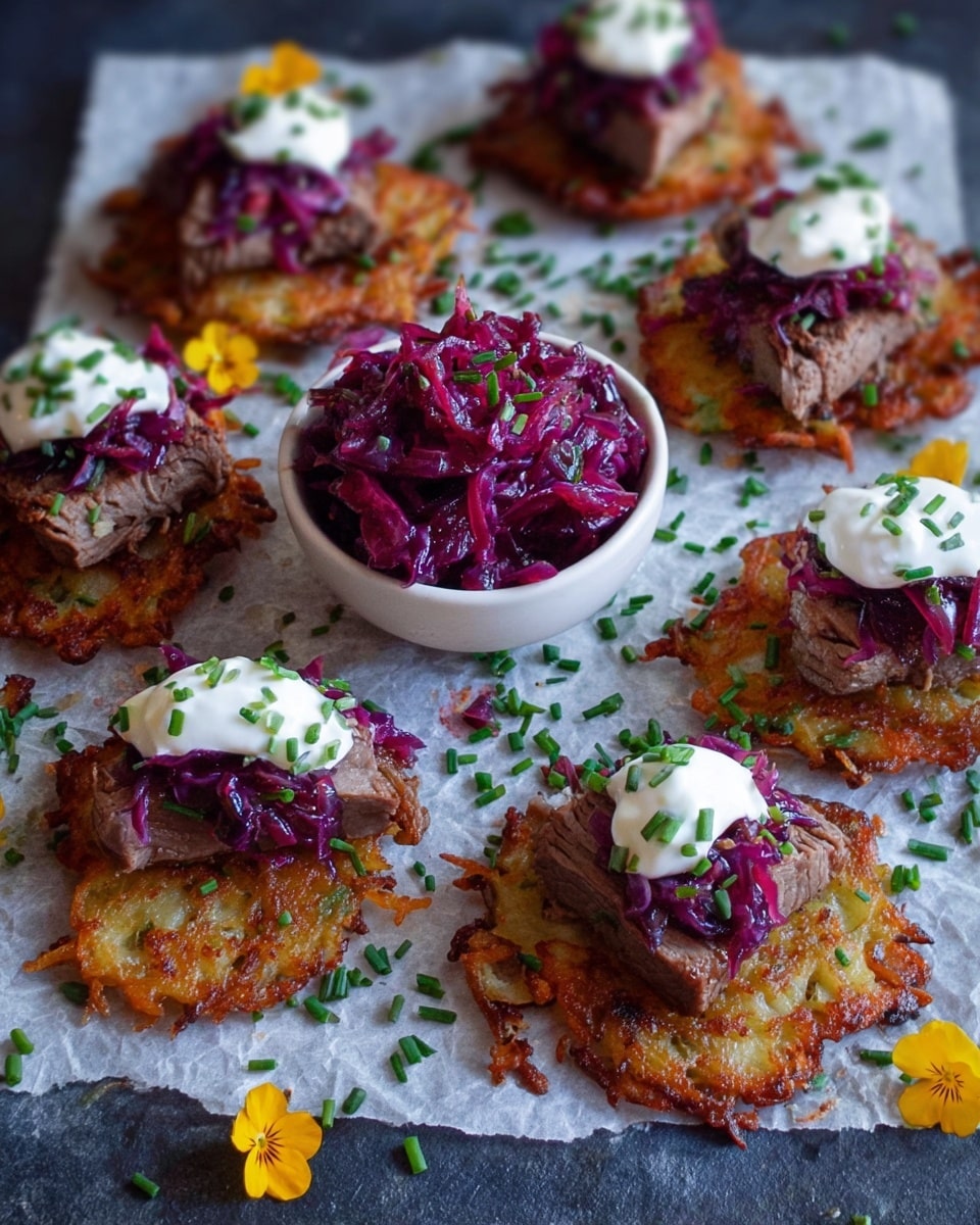 The image shows several small crispy golden brown potato pancakes as the base layer, each topped with a slice of cooked brown meat. On top of the meat, there is a layer of deep purple cooked cabbage, adding a rich color and soft texture. Each stack is finished with a dollop of white sour cream and sprinkled with finely chopped green chives. In the center, there is a small white bowl filled with the same purple cooked cabbage. All these are placed on a sheet of white parchment paper on a dark surface with some scattered green chives and small yellow flowers for decoration. Photo taken with an iphone --ar 4:5 --v 7