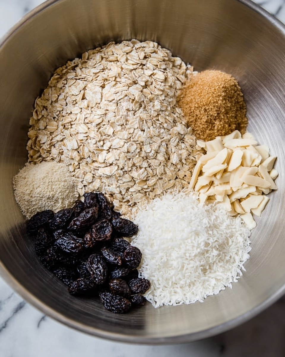 A silver mixing bowl holds five different ingredients, each forming its own pile without mixing. At the top left, there is a large pile of light beige rolled oats with a rough texture. To the right, a small mound of soft, light brown sugar sits next to a small pile of pale, slim almond slivers. At the bottom right, there is a heap of fine white shredded coconut with a fluffy texture. At the bottom left, a pile of small, dark wrinkled prunes contrasts with the other ingredients. The bowl rests on a white marbled surface. photo taken with an iphone --ar 4:5 --v 7