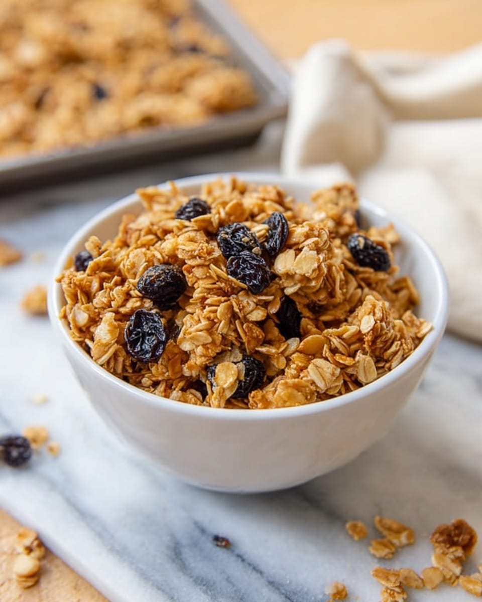 A white bowl filled with a thick layer of golden brown granola clusters mixed with dark raisins and light-colored nuts. The granola texture looks crunchy with small oat flakes and pieces sticking out. The bowl is placed on a white marbled surface, and in the background, there is a blurred tray filled with more granola. Some granola crumbs are scattered lightly around the bowl, with a pale cloth nearby. Photo taken with an iphone --ar 4:5 --v 7