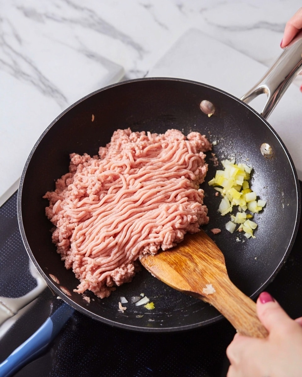 In a black frying pan on a stove with a blue handle, there is a thick layer of pale pink raw ground meat being stirred by a wooden spoon held by a woman's hand. Next to the meat, small pieces of chopped yellow and white onions or garlic sit on the side of the pan. The scene is set against a white marbled surface and a white tiled backsplash. The texture of the raw meat shows fine ridges and lines, and the wooden spoon has a slightly worn look with brown marks. Photo taken with an iphone --ar 4:5 --v 7