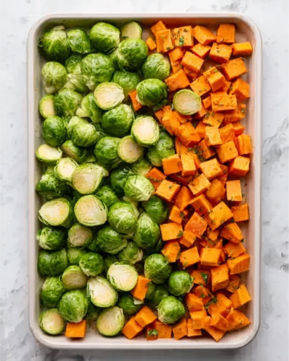 A white rectangular baking tray is filled with two types of chopped vegetables. The first layer shows round slices of green Brussels sprouts, some cut in halves, scattered evenly across the tray. Mixed in are small orange cubes of sweet potatoes, spread out to fill the gaps between the Brussels sprouts, creating a colorful and balanced look. The tray sits on a white marbled surface. Photo taken with an iphone --ar 4:5 --v 7
