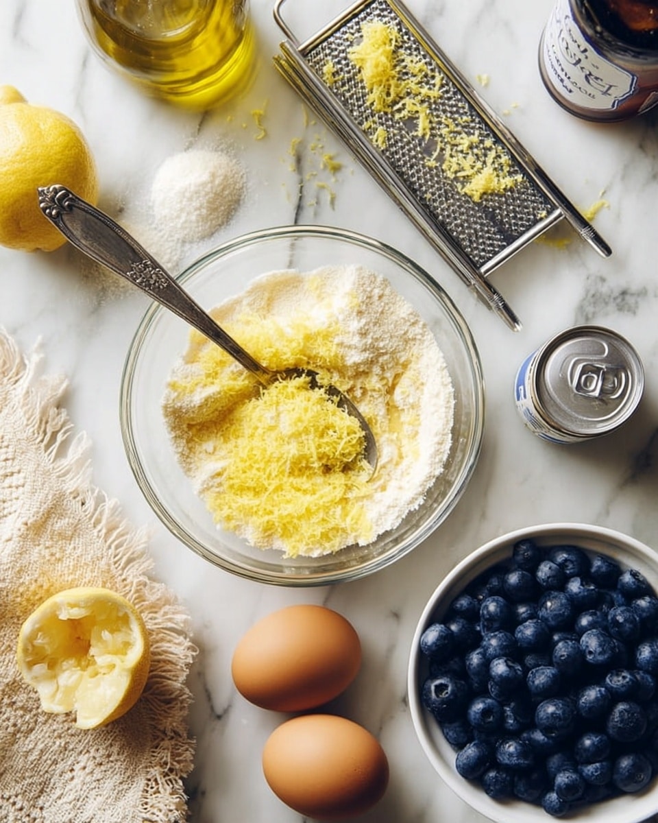 The image shows a white marbled surface with various baking ingredients arranged neatly. At the center, there is a clear glass bowl containing a mixture of yellow lemon zest and granulated sugar, with a silver fork resting inside. Above the bowl, a metal grater with lemon zest stuck on it lies horizontally. To the right of the grater, there is a bottle of vanilla extract and a can of baking soda. On the bottom right corner, a white bowl is filled with fresh blueberries. Below the glass bowl, two brown eggs sit side by side. To the left, there is a peeled lemon with some zest scattered nearby, and a beige textured cloth is partially visible. A round glass bottle of olive oil is placed near the top left. The overall composition is bright and fresh, showcasing the ingredients ready for baking photo taken with an iphone --ar 4:5 --v 7