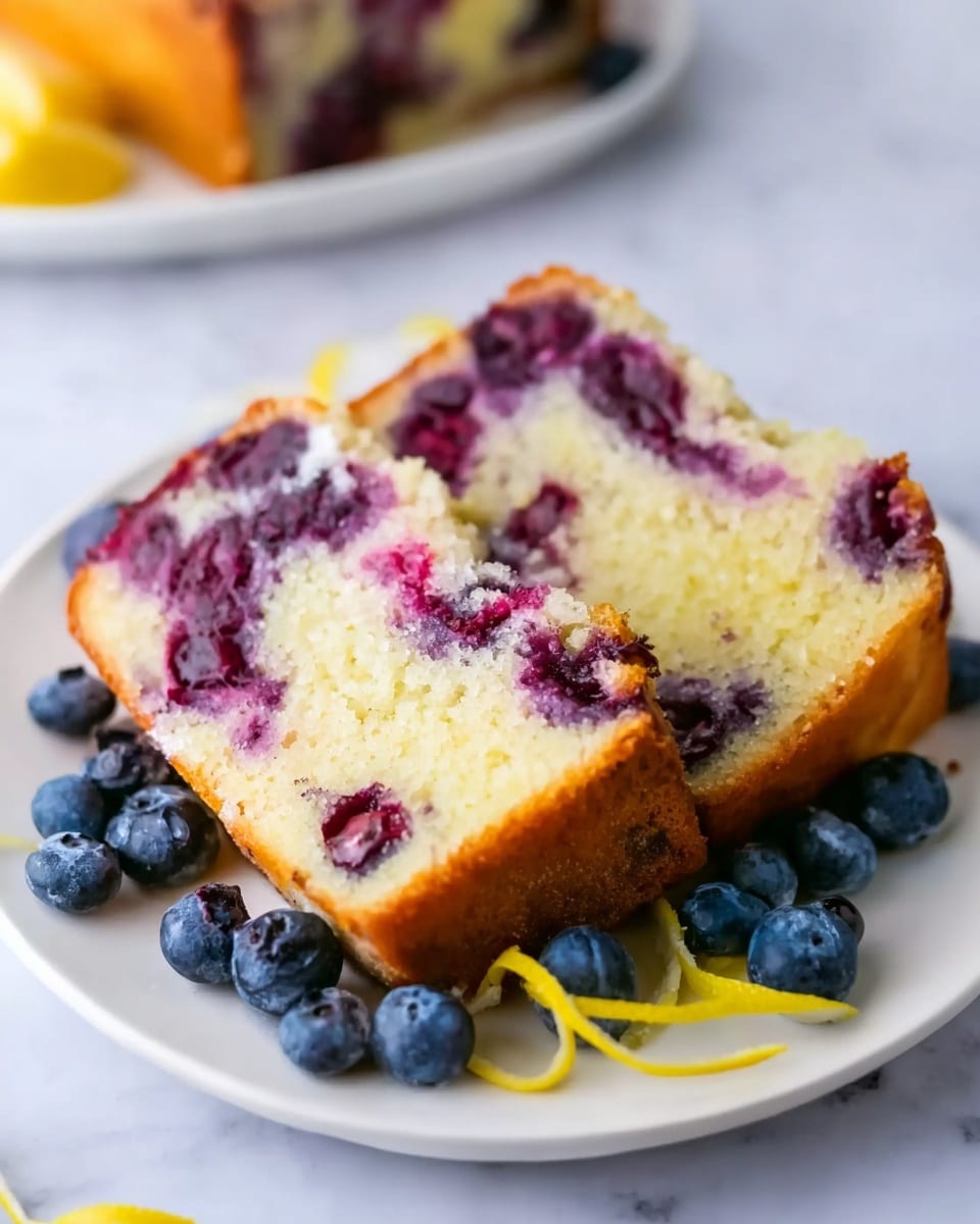 The image shows two slices of soft, light yellow cake with purple and red berry swirls inside, placed on a clean white plate. Around the slices, there are fresh whole blueberries and a few thin lemon peel twists adding color. The plate rests on a white marbled surface with soft, natural light highlighting the moist texture of the cake and the vibrant colors of the fruit. Photo taken with an iphone --ar 4:5 --v 7