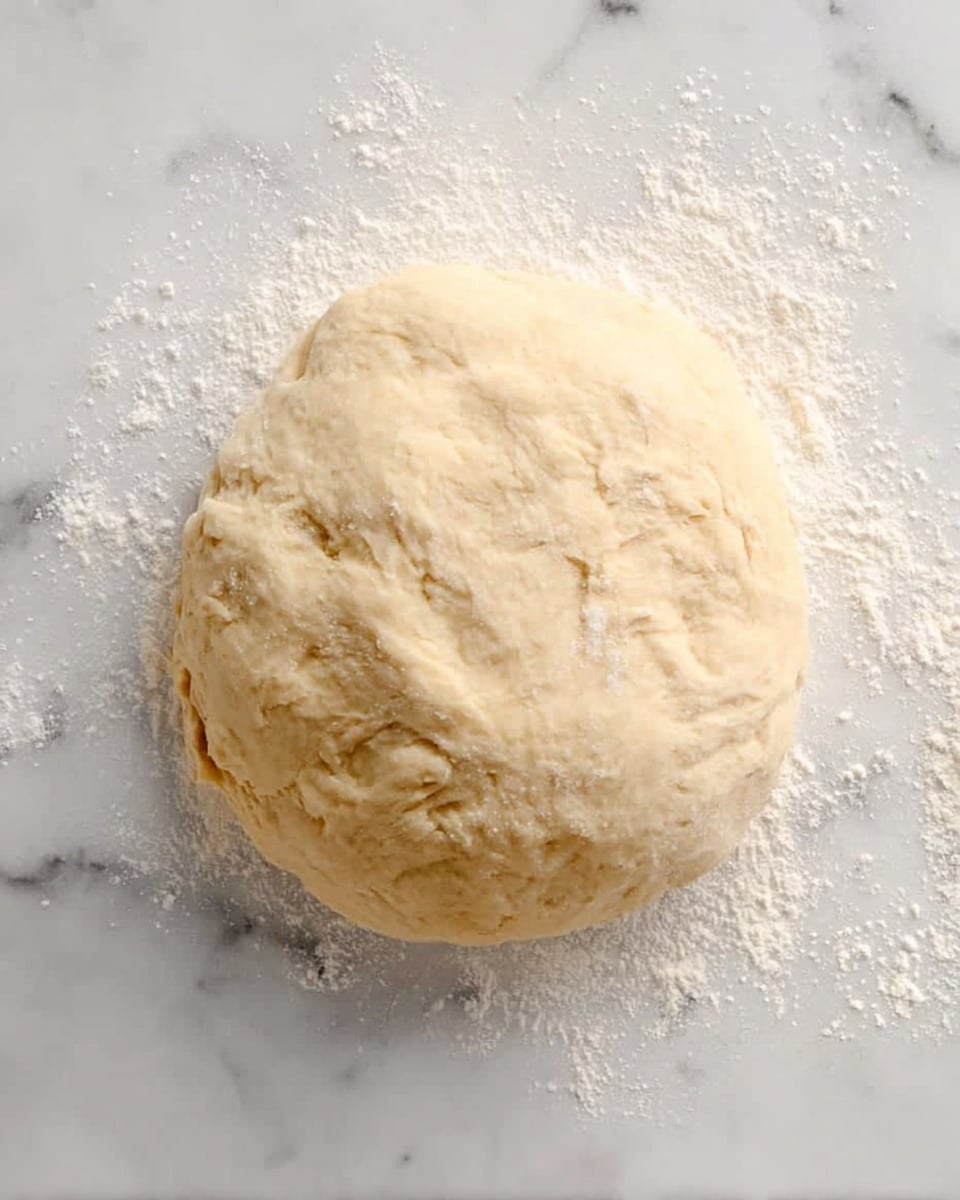 A round ball of light beige dough sits on a white marbled surface dusted lightly with flour. The dough has a soft texture with slight indentations and uneven smoothness on top, showing where it has been gently pressed or shaped. The edges are slightly uneven and the dough looks fresh and ready for the next step in baking. Photo taken with an iphone --ar 4:5 --v 7