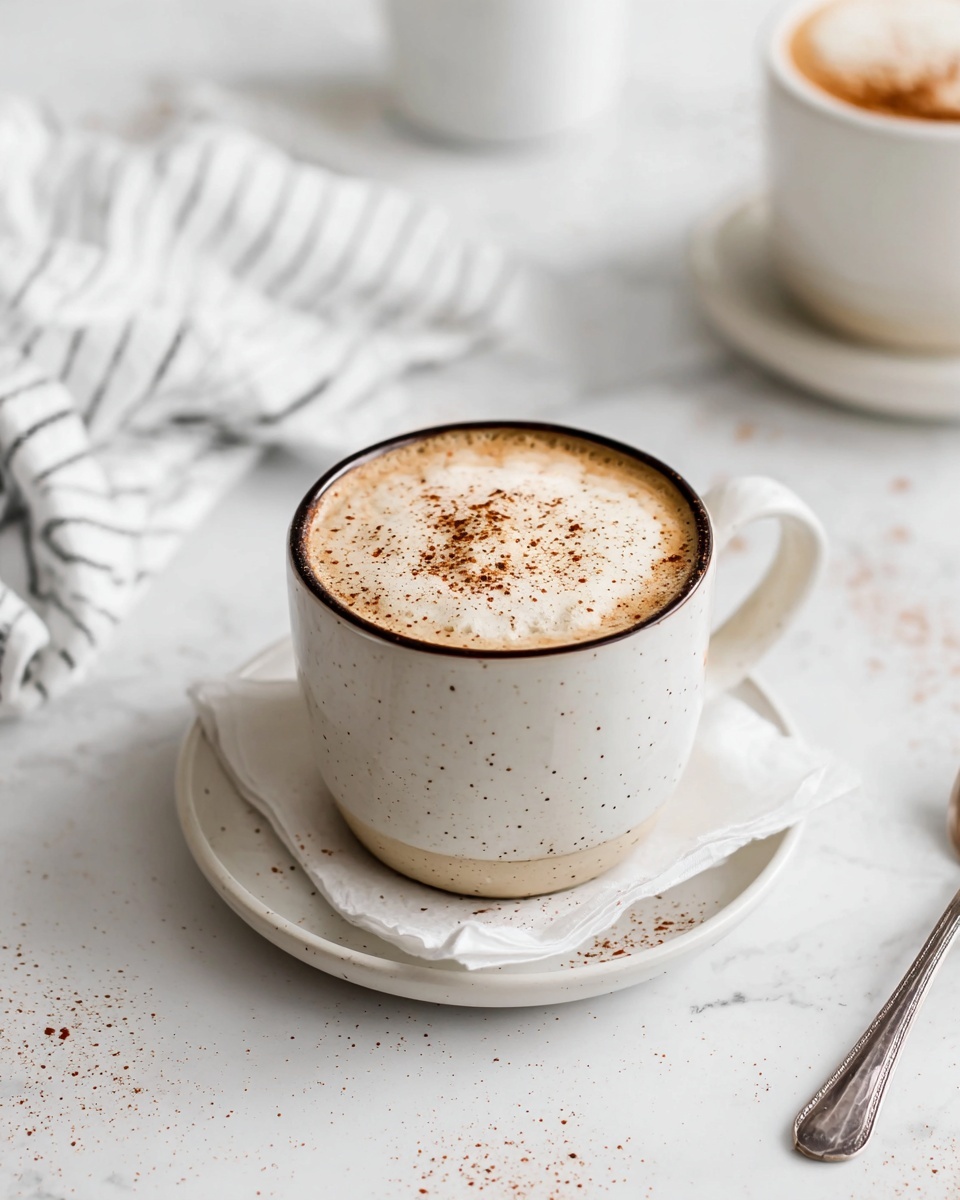 A white speckled mug with a dark rim sits centered on a white plate with a crumpled white paper napkin underneath. The mug is filled with a creamy light brown coffee topped with a layer of frothy white foam sprinkled with cinnamon powder. The scene is set on a white marbled surface with scattered cinnamon bits around and a vintage silver spoon to the right. In the background to the right, there is another cup of the same coffee, slightly out of focus, adding depth to the image. A white and black striped cloth lies folded softly to the left side of the frame. Photo taken with an iphone --ar 4:5 --v 7