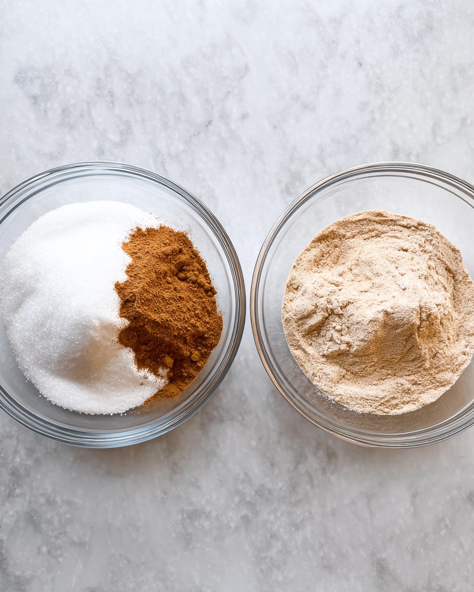 Two clear glass bowls sit on a white marbled surface. The left bowl contains a mix of three powders: a large mound of white granulated sugar, a smaller pile of light brown sugar, and a heap of ground cinnamon on top, creating a tri-color effect. The right bowl shows the same ingredients after being mixed into a single light brown powder with a smooth texture. The bowls are simple and round, placed side by side. photo taken with an iphone --ar 4:5 --v 7