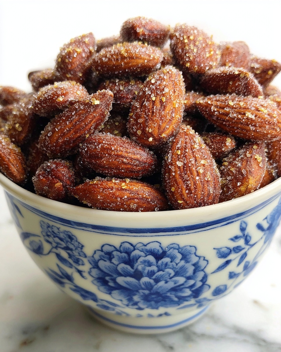 A white bowl with blue floral patterns is full of roasted almonds coated with coarse sugar crystals, giving the nuts a rough texture and a shiny brown color with golden sugar specks on top, sitting on a white marbled surface. photo taken with an iphone --ar 4:5 --v 7