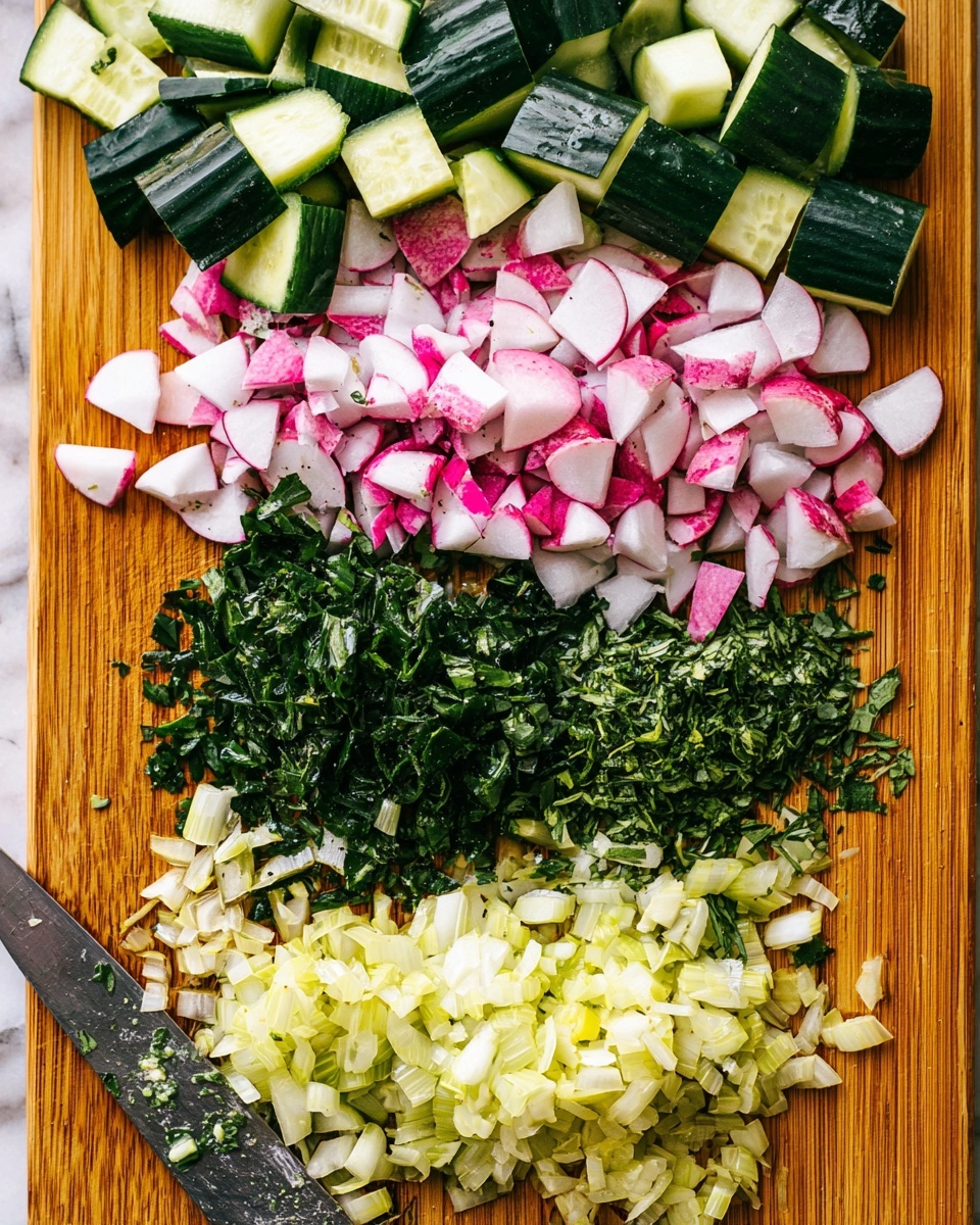 This image shows four layers of chopped fresh ingredients placed on a wooden board. The top layer has thick pieces of cucumber with dark green skin and light green flesh. Below the cucumber is a layer of thinly sliced radishes showing white and pink colors. Under the radishes is a layer of finely chopped dark green herbs. The bottom layer has finely chopped light yellow-green onion pieces. A knife with some chopped herbs on it is visible at the bottom left corner. The background is a white marbled texture photo taken with an iphone --ar 4:5 --v 7
