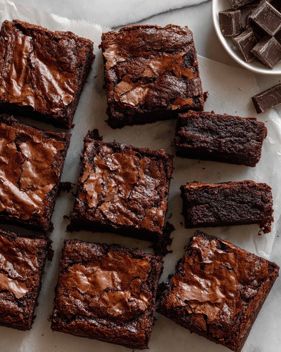 A group of nine thick, square chocolate brownies sit close together on white marbled surface covered with parchment paper. Each brownie has a cracked, glossy dark brown top layer with a slightly rough texture, showing dense, moist, and rich chocolate inside. The brownies are arranged in a loose grid, some pieces are aligned while others are slightly tilted, showing their edges and texture. A white bowl with dark chocolate pieces is partially visible in the upper right corner. photo taken with an iphone --ar 4:5 --v 7